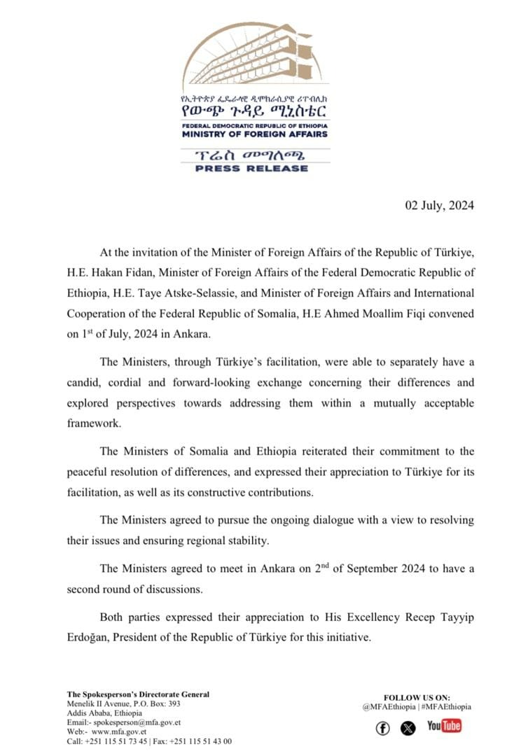 Ethiopia, Somalia Resort to Peaceful Resolve of Differences
