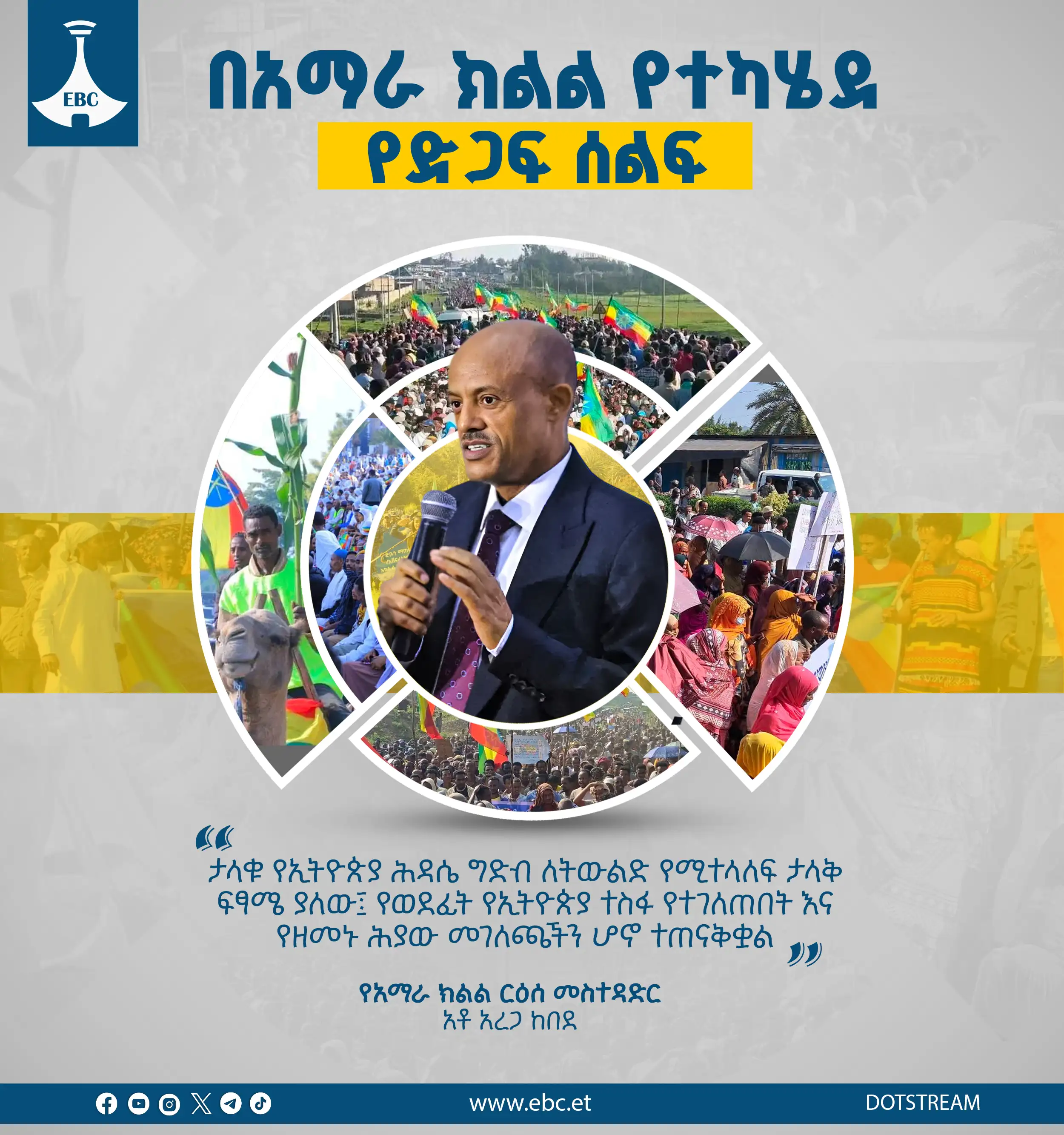 "ታላቁ የኢትዮጵያ ሕዳሴ ግድብ ለትውልድ የሚተላለፍ ታላቅ ፍፃሜ ያለው፤ የወደፊት የኢትዮጵያ ተስፋ የተገለጠበት እና የዘመኑ ሕያው መገለጫችን ሆኖ ተጠናቅቋል" - የአማራ ክልል ርዕሰ መስተዳድር አቶ አረጋ ከበደ 