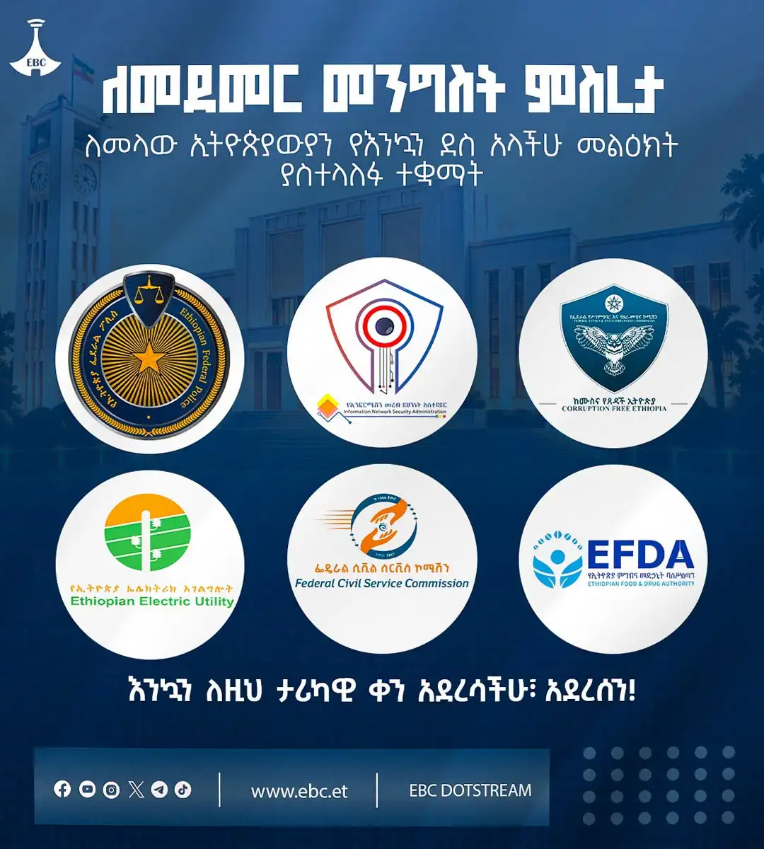 ለመደመር መንግሥት ምሥረታ   ለመላው ኢትዮጵያውያን የእንኳን ደስ ያላችሁ መልእክት ያስተላለፉ ተቋማት