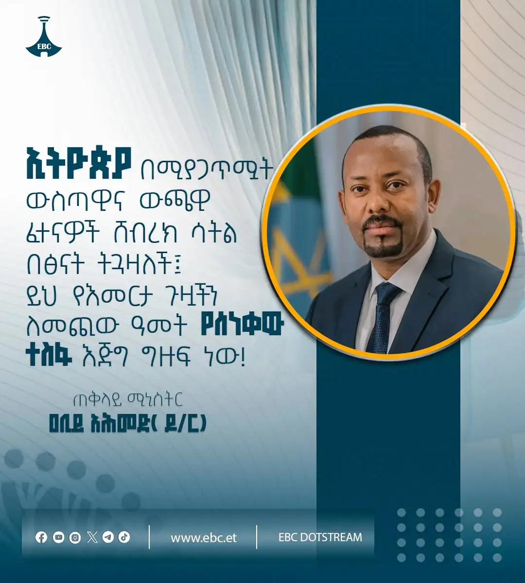 "ኢትዮጵያ በሚያጋጥሟት ውስጣዊና ውጫዊ ፈተናዎች ሸብረክ ሳትል በፅናት ትጓዛለች፤ ይህ የእመርታ ጉዟችን ለመጪው ዓመት የሰነቀው ተስፋ እጅግ ግዙፍ ነው"   ጠቅላይ ሚንስትር ዐቢይ አሕመድ (ዶ/ር)